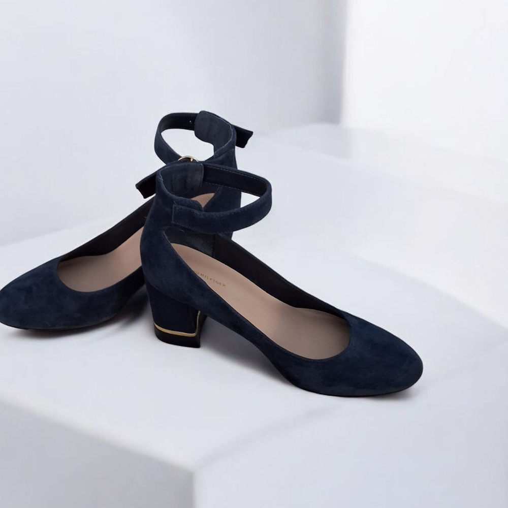 Elegant Navy Blue Suede With Gold Accent Block Heels